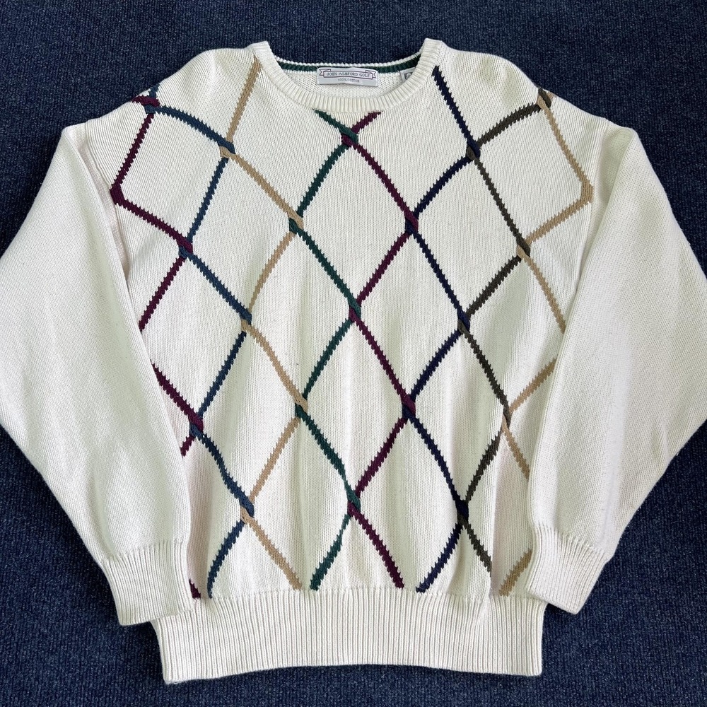 Vintage John Ashford Golf Sweater Mens‎ Large White Argyle Cotton Crewneck 90s